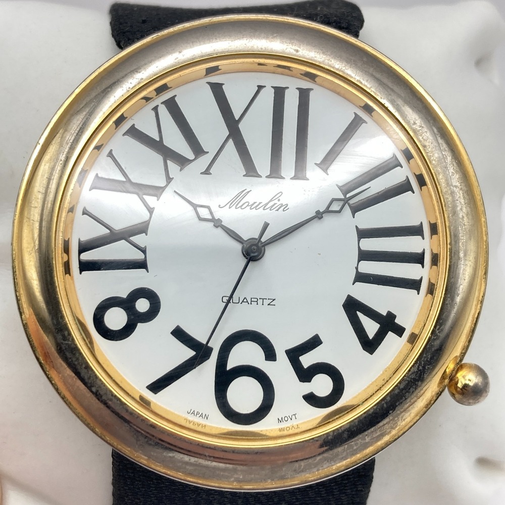 Vintage Moulin Women's Watch Gold Tone 54mm Oversized Black Band New Battery